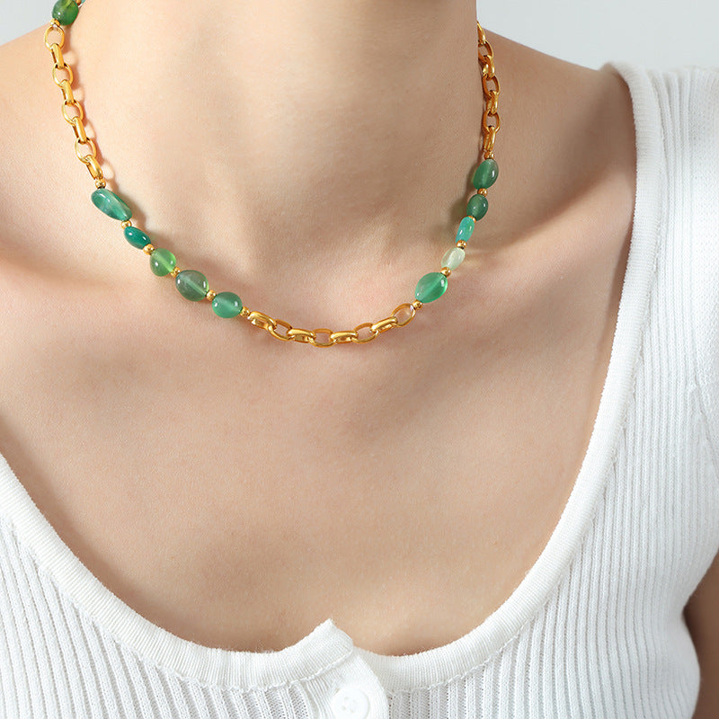 New European high-end light luxury personalized niche titanium steel gold-plated natural crystal stone necklace jewelry p