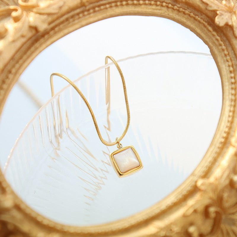 Cold wind square white sea shell pendant necklace niche design titanium steel plated 18K gold round snake chain jewelry 99