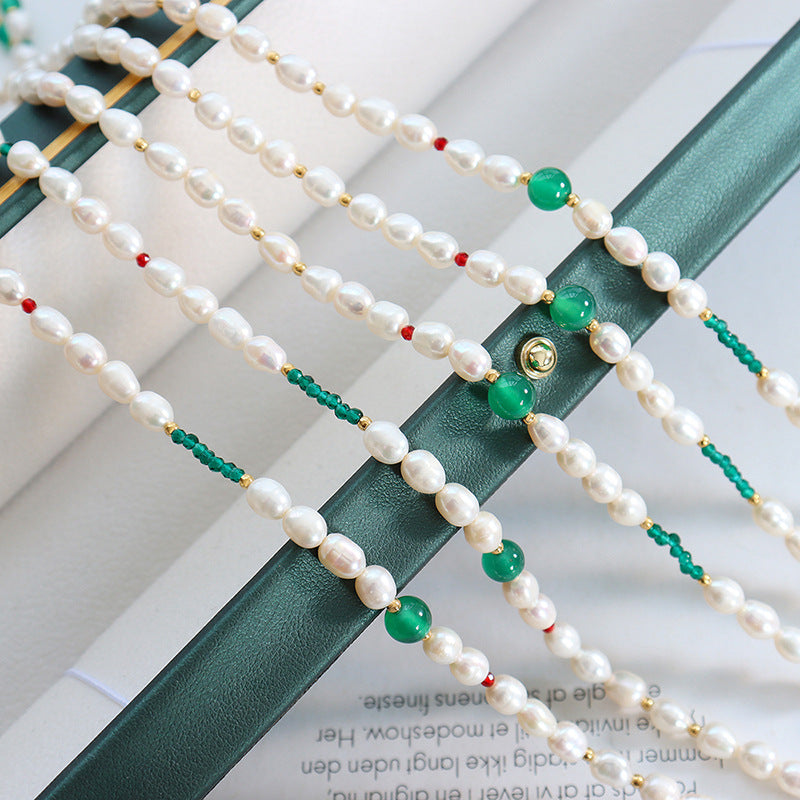 Natural agate glass stone freshwater pearl beaded necklace geometric OT buckle titanium steel fashion personalized jewelry
