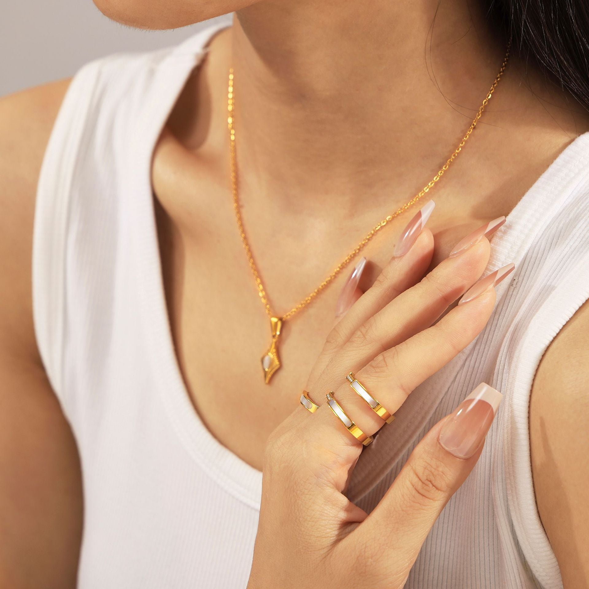 tetragonal opal pendant titanium steel clavicle chain seashells ring necklace ring niche set