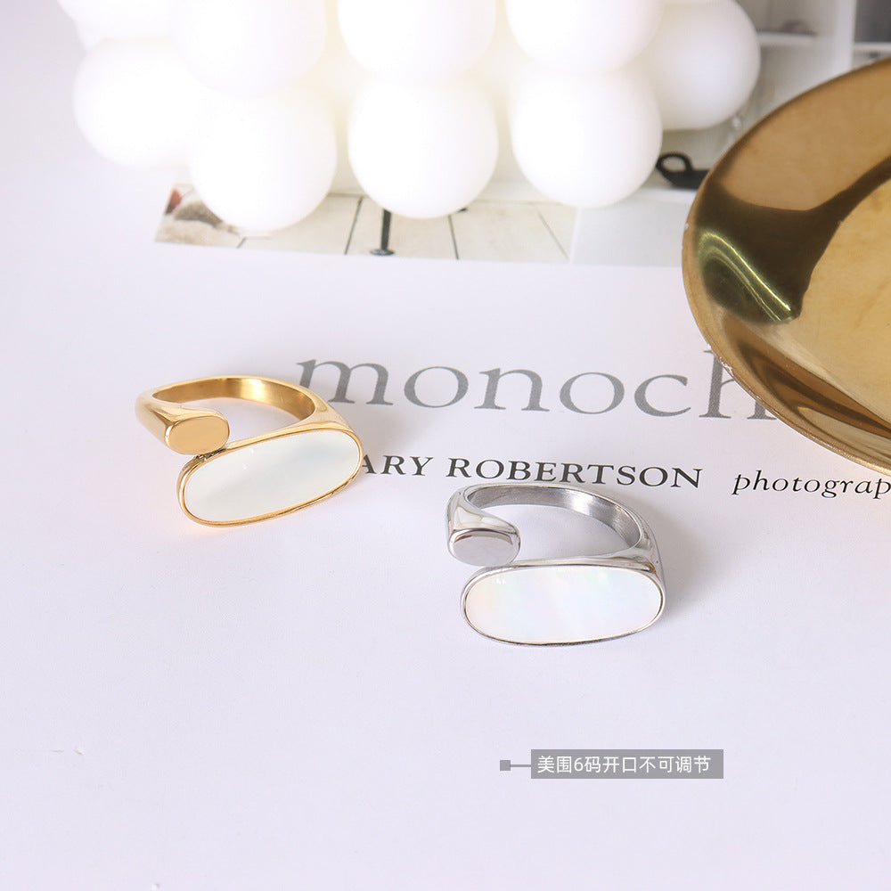 Cold Wind Niche Titanium Steel Plated 18k Gold Jewelry Mother White Oval Open Ring Women's Jewelry