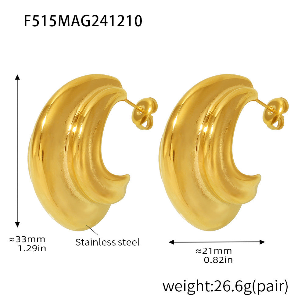 Stainless steel multi-layer C-shaped curved heavy industry polished texture earrings PVD plated 18K real gold Internet celebrity stud earrings