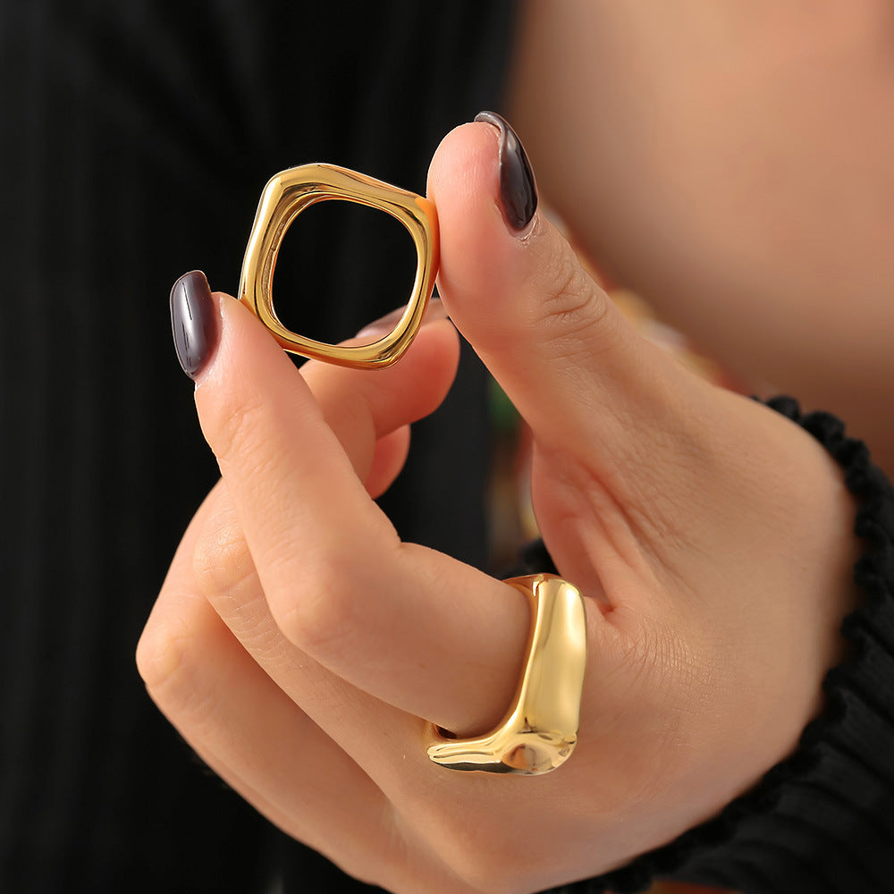 Hot Selling Simple Square Geometric Ring Stainless Steel PVD Plated 18K Real Gold Retro Ring Jewelry Wholesale 99
