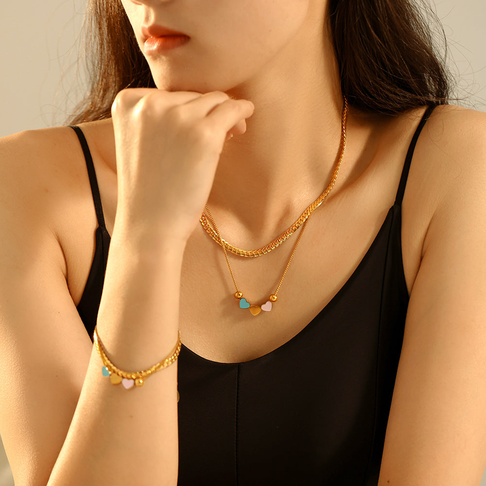 Hot-selling color drip love double-layer necklace bracelet retro niche light luxury stainless steel set jewelry pp