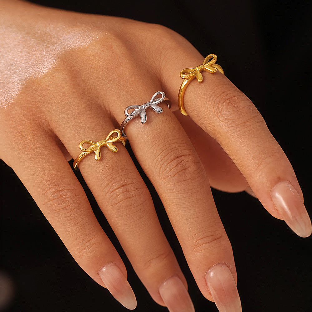 Bow ring, smooth buckle plain ring bracelet, stainless steel PVD-plated 18K gold niche jewelry set