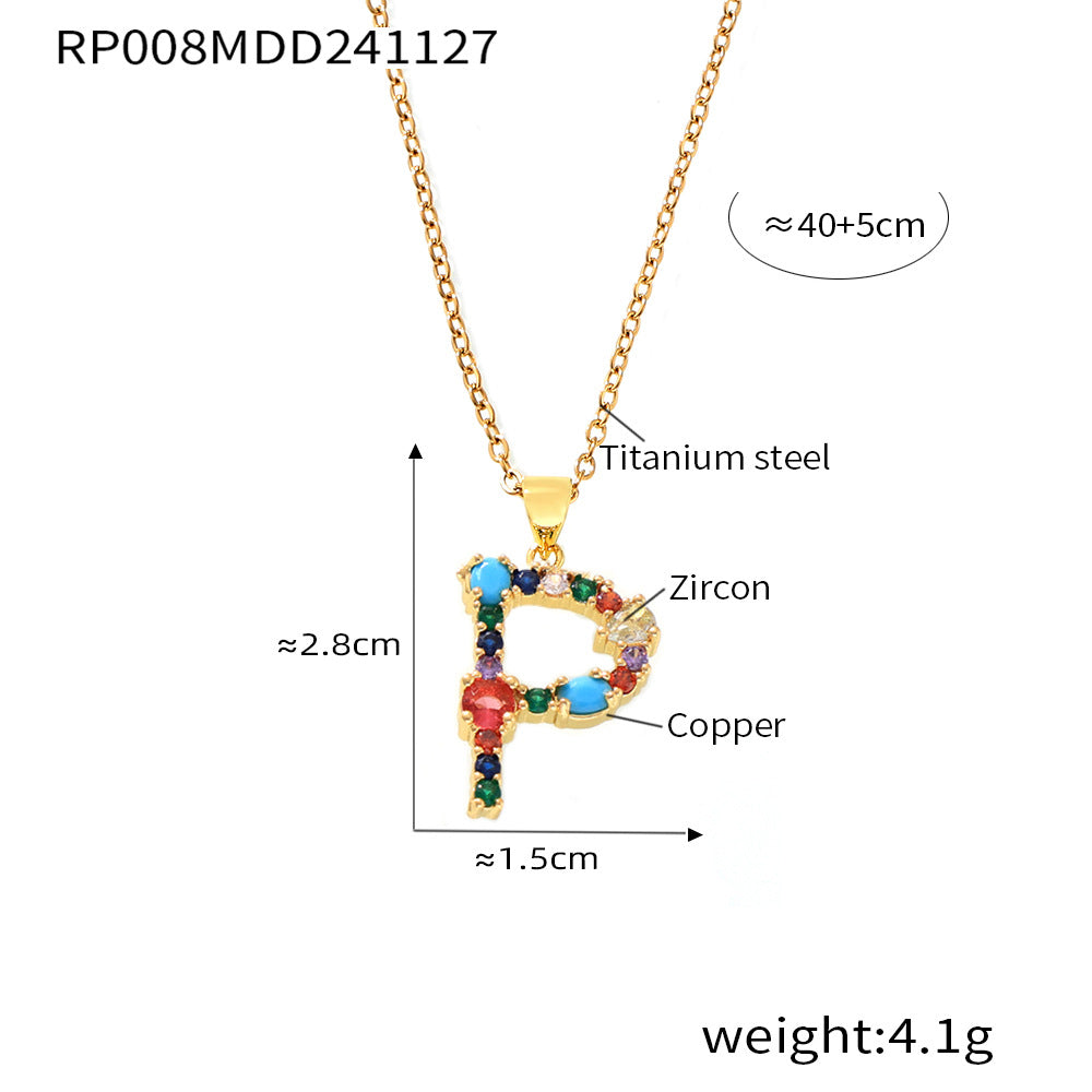 European and American cross-border copper micro-inlaid colored zircon 26 English letters personalized individual pendant niche hip-hop collarbone chain pp