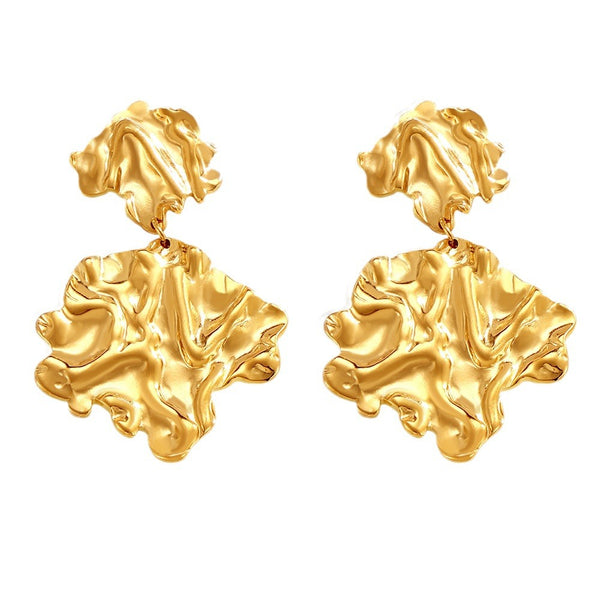 Personalized trend earrings, hammer pleated leaves exaggerated earrings, stainless steel PVD electroplating color-preserving jewelry