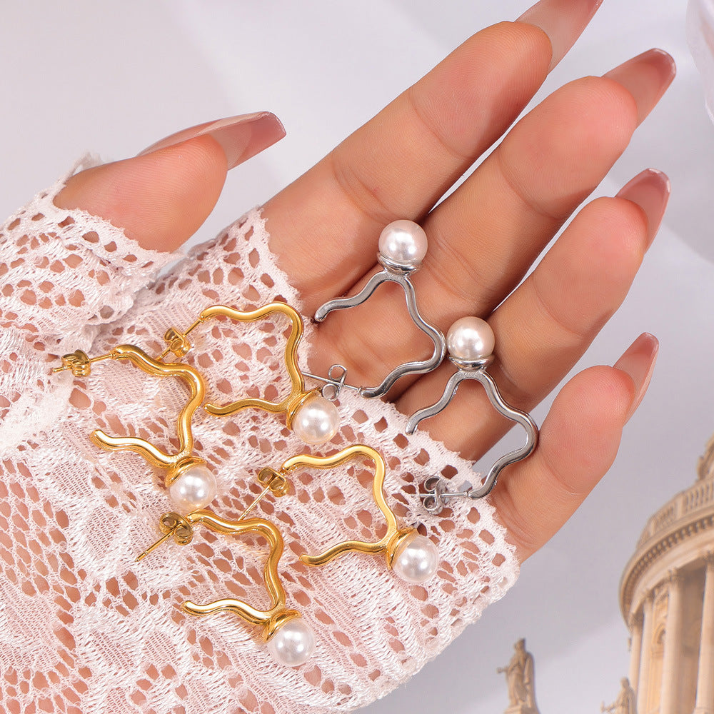 Fashion commuting simple personality inlaid bead jewelry lucky grass shape line design titanium steel gold-plated stud earrings