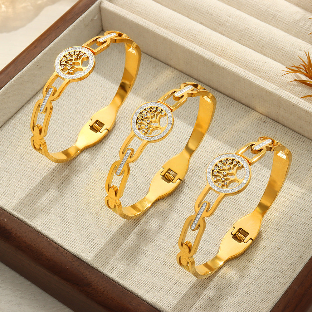 New retro style fashion personalized design titanium steel gold-plated diamond-encrusted tree of the world buckle bracelet jewelry wholesale female pp