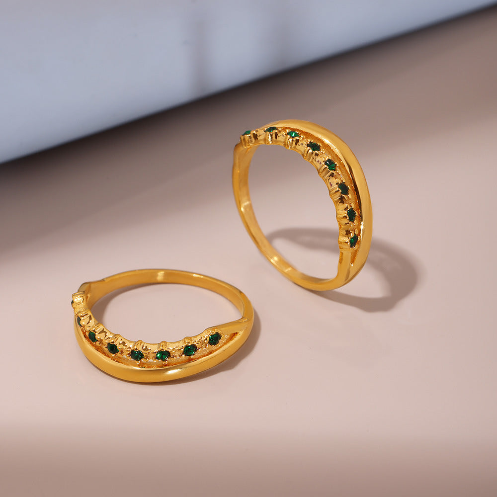 Simple light luxury stainless steel green zircon ring women's tail ring electroplating 18k real gold does not fade