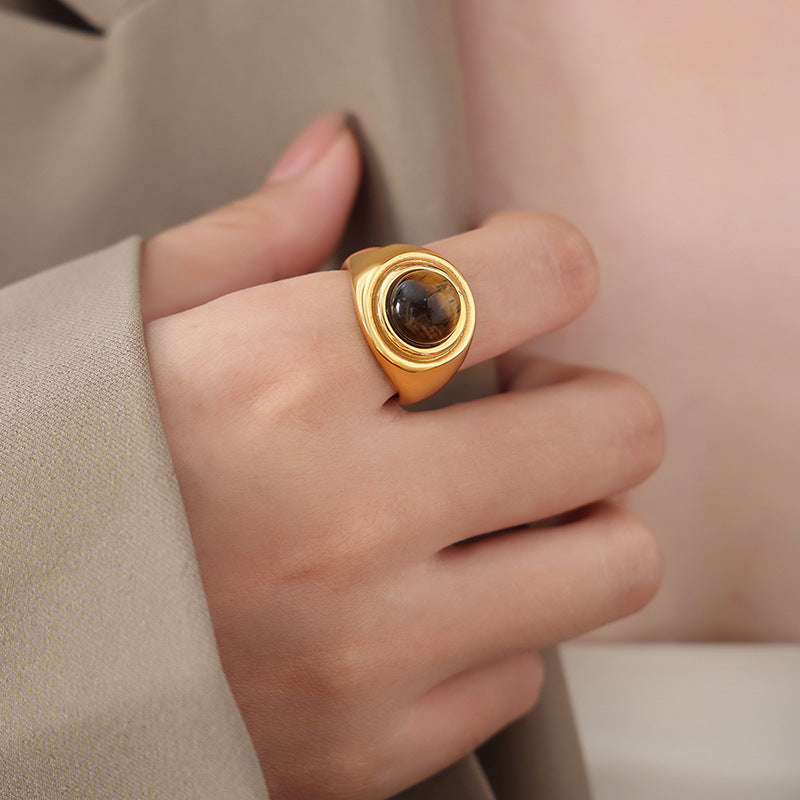 New Empress Dowager Tiger's Eye Blue Turquoise Retro Court Light Luxury Couple Titanium Steel Ring Ring
