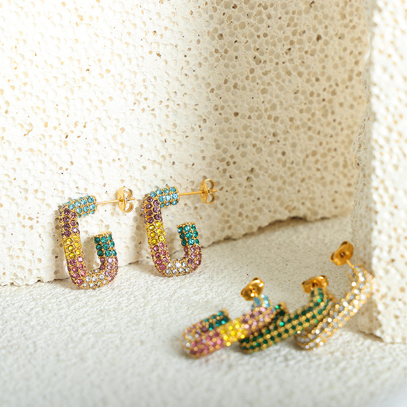 Fashion commuter niche personality inlaid multi-color Czech diamond geometric G-shaped design sense dopamine titanium steel earrings 99