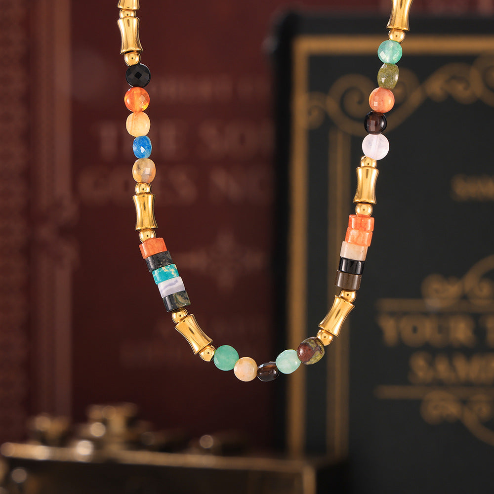 Dopamine Color Natural Stone Beaded Necklace Cross-border Simple Versatile Stainless Steel Clavicle Neck Chain