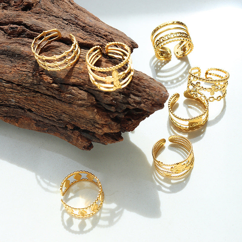 Hot Selling Open Titanium Steel Gold Plated Geometric Mix and Match Fashion Variety Ring Non-Fading Hip Hop Trend Ring