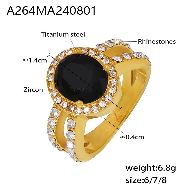 Luxury retro diamond-set oval zircon ring titanium steel 18k plated real gold temperament court style ring female pp