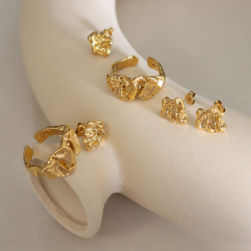Women's retro temperament personalized style niche design embossed chic concave-convex ring earrings jewelry set pp