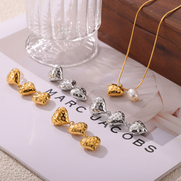 Hot-selling personalized freshwater pearl geometric texture design sense love pendant titanium steel gold-plated jewelry set