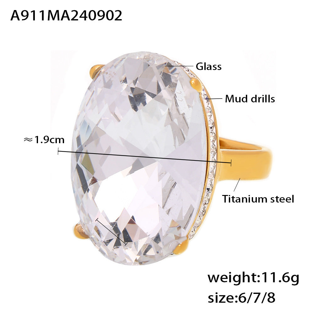 Oval sticky diamond large glass ring titanium steel plated 18K real gold ring retro light luxury hand jewelry 99