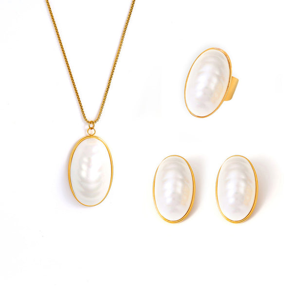 Oval Fritillary Pendant Clavicle Necklace Ring Earrings Titanium Steel Plated 18k Real Gold Light Luxury Set 99