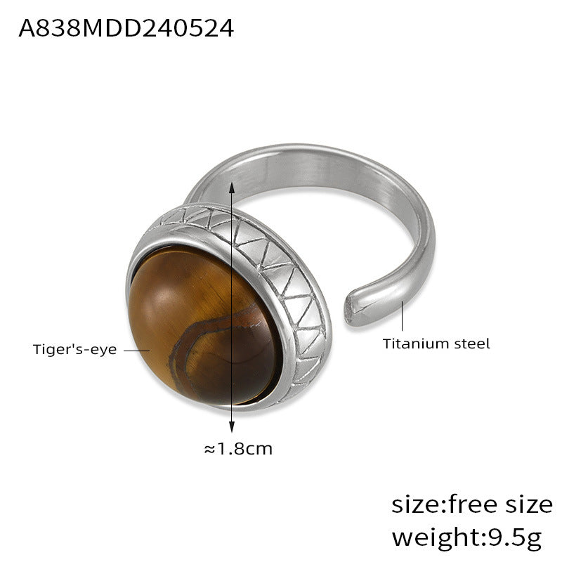Retro personality simple niche texture lace temperament ring inlaid tiger's eye design titanium steel open ring
