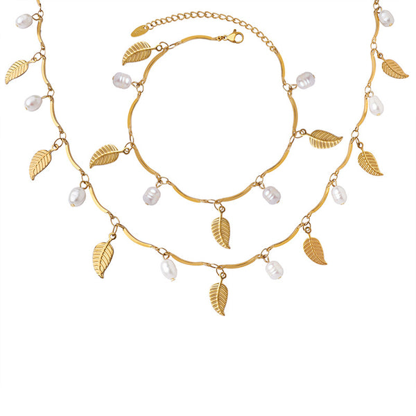 Baroque Natural Freshwater Pearl Tassel Geometric Necklace Versatile Trend Light Luxury Bracelet Jewelry Set