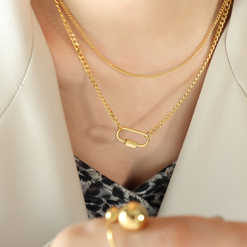Jewelry chocker geometric special-shaped special oval buckle double layer stacked clavicle titanium steel necklace P961pp