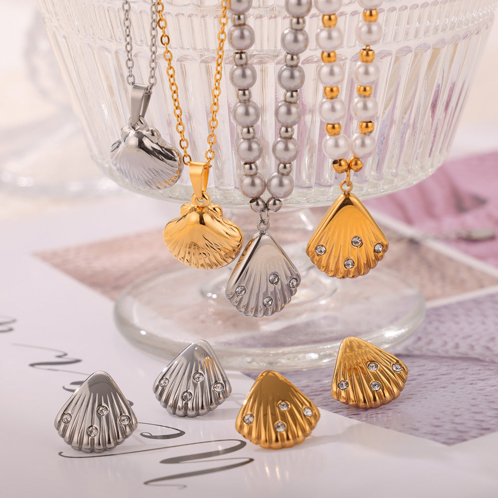 Personalized casual style jewelry with diamond shell shape design sense pendant, freshwater pearl titanium steel jewelry set pp