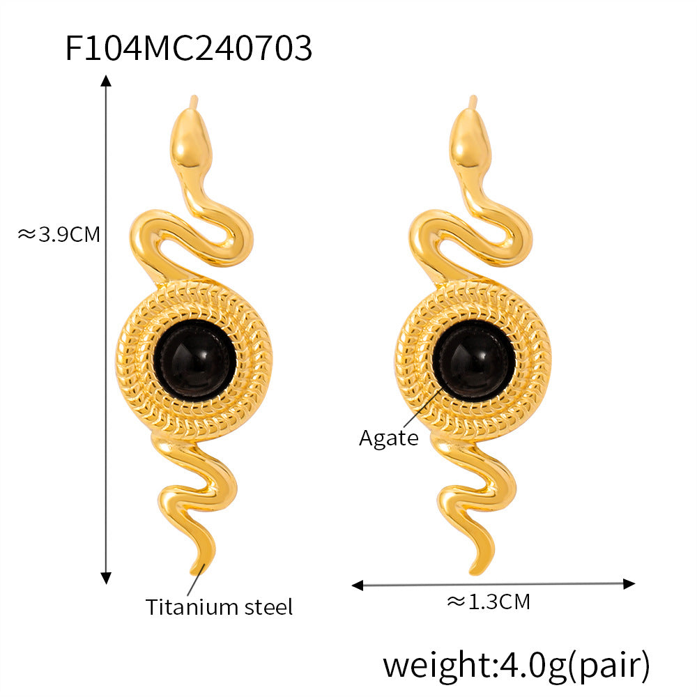 British style personality niche snake shape earrings texture round brand inlaid with natural stone agate design titanium steel stud earrings