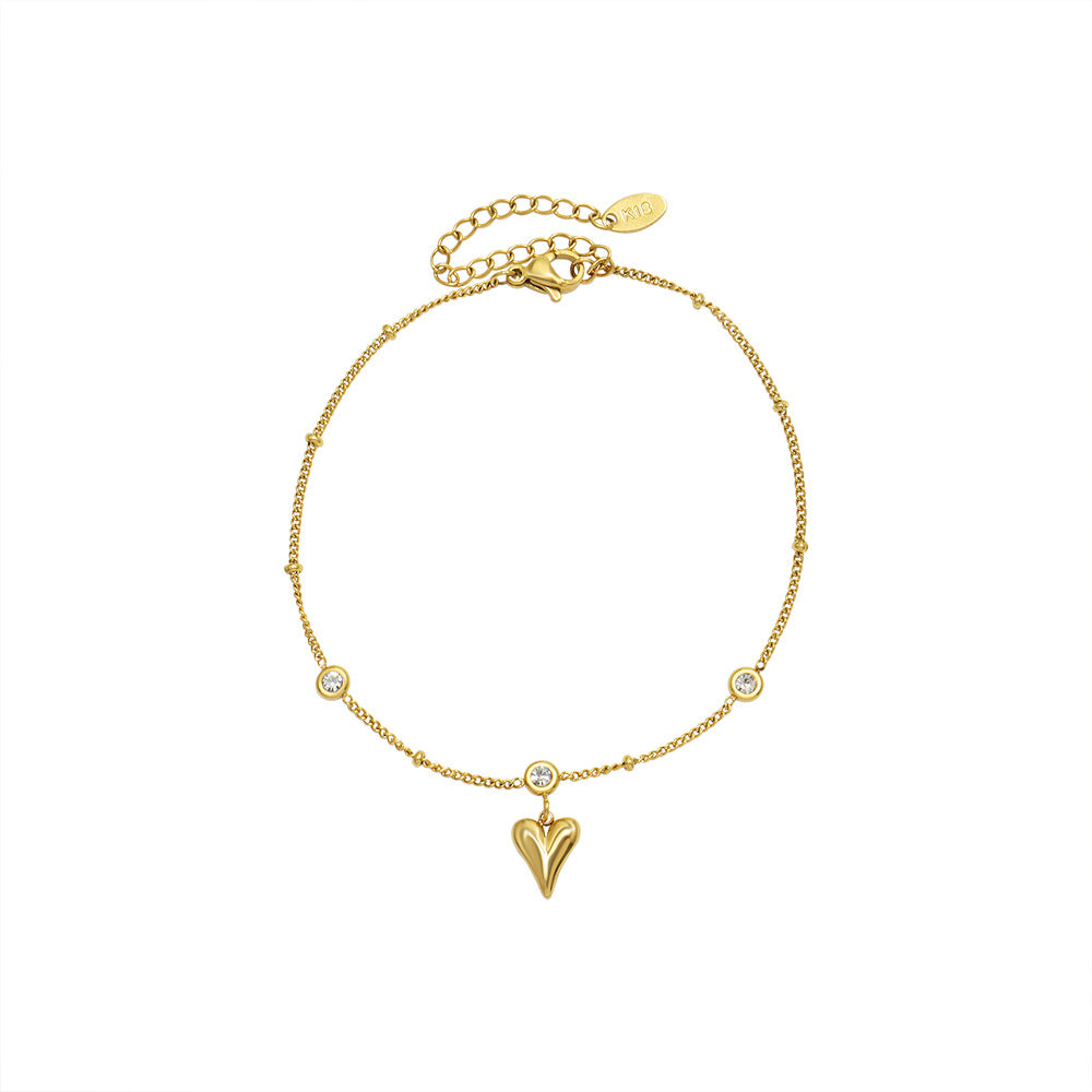 Marka niche design sense versatile titanium steel plated 18k gold zircon peach heart anklet jewelry women