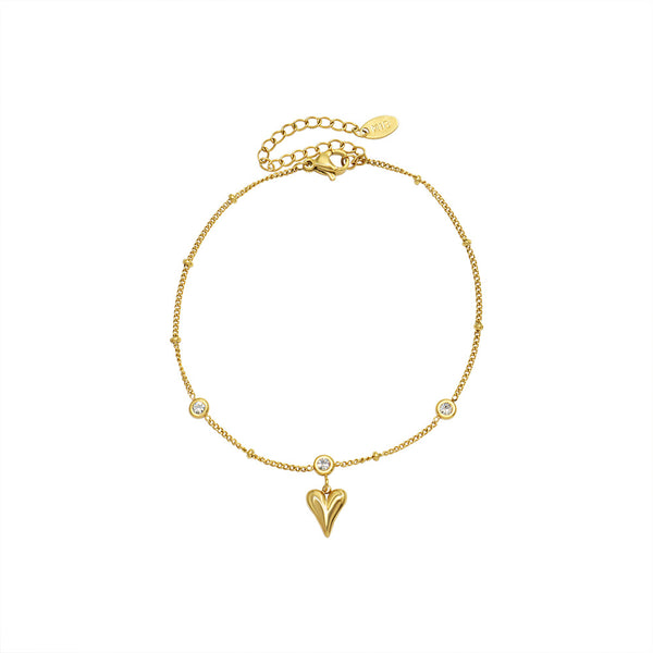Marka niche design sense versatile titanium steel plated 18k gold zircon peach heart anklet jewelry women