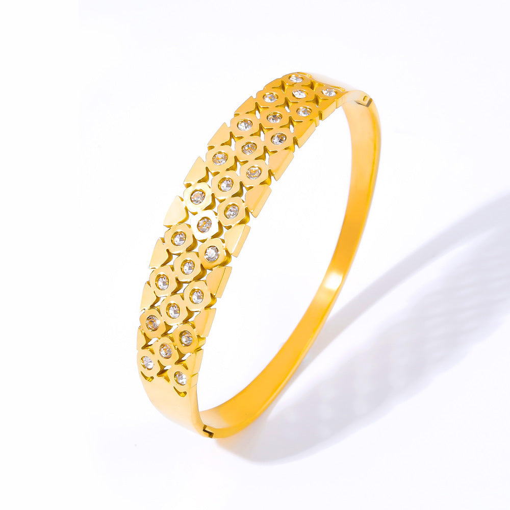 Chic style fashionable simple elegant versatile titanium steel gold-plated jewelry geometric hollow design sense diamond-encrusted versatile bracelet pp