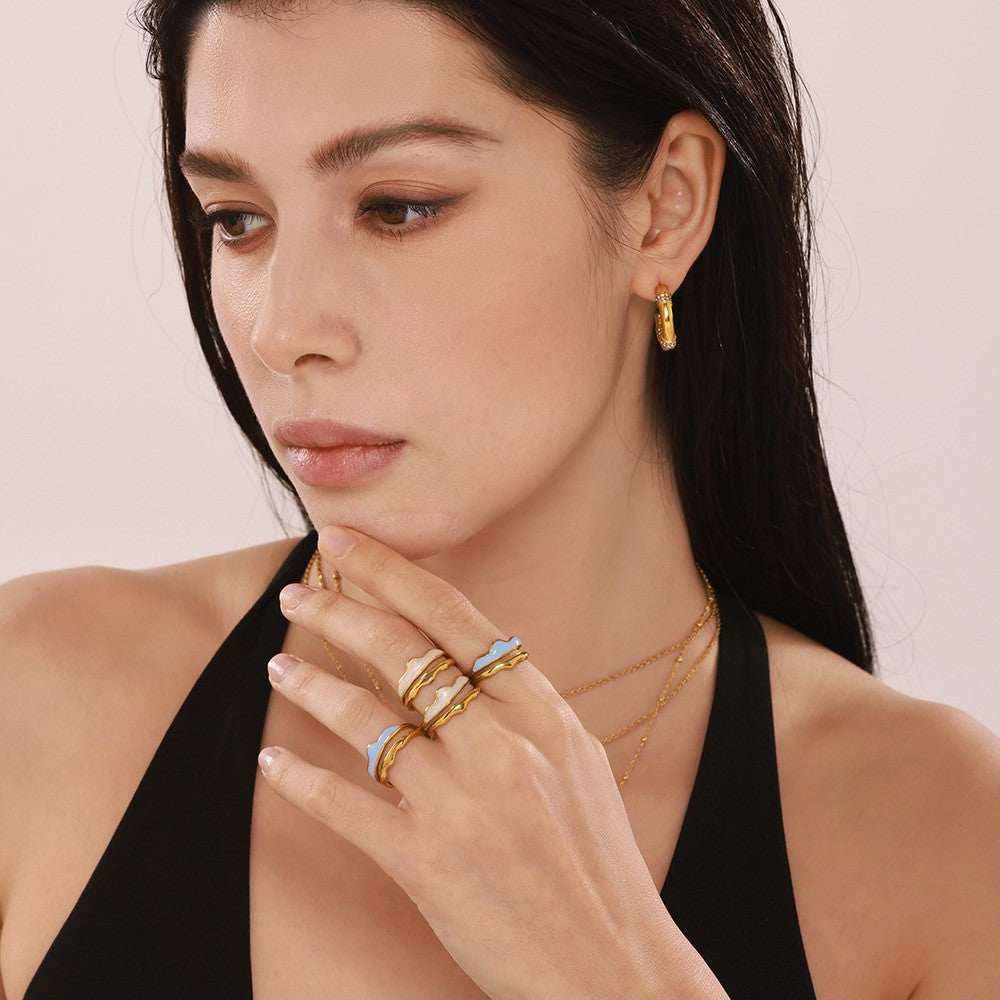 Weight color glaze double layer wave ring temperament creative opening stainless steel plated real gold does not fade jewelry women