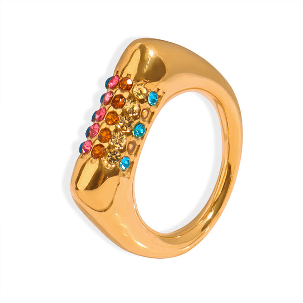 New fashion light luxury niche titanium steel gold-plated with colored diamonds geometric ring ring simple personalized jewelry female pp