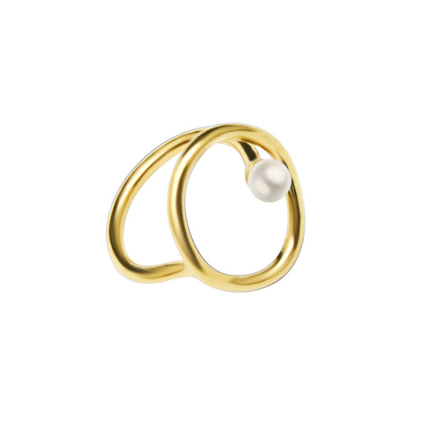 Manufacturer's one-piece electroplated 18K gold geometric titanium steel ring imitation pearl personalized fashion ring jewelry women
