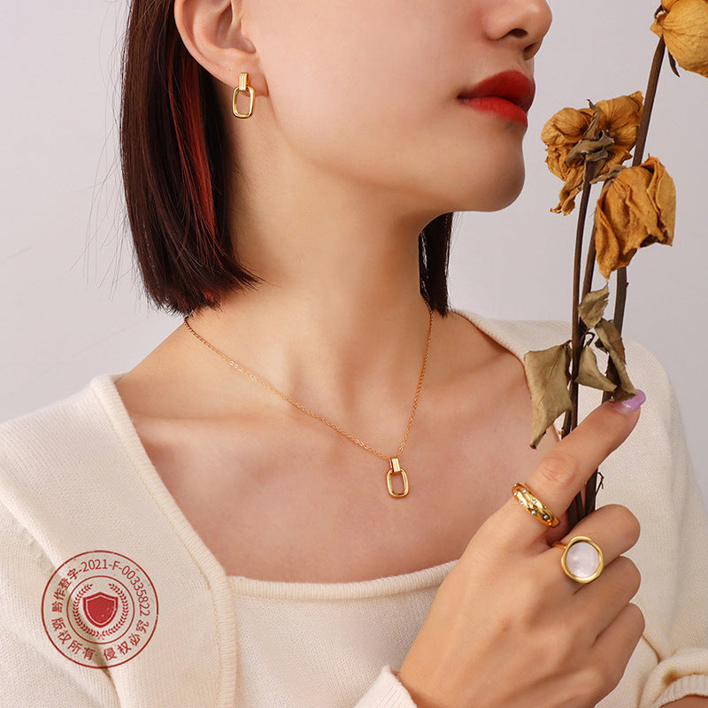 Cold Wind Oval Pendant Necklace Earrings Set Titanium Steel Plated 18K Real Gold Light Luxury Fashion Jewelry 99