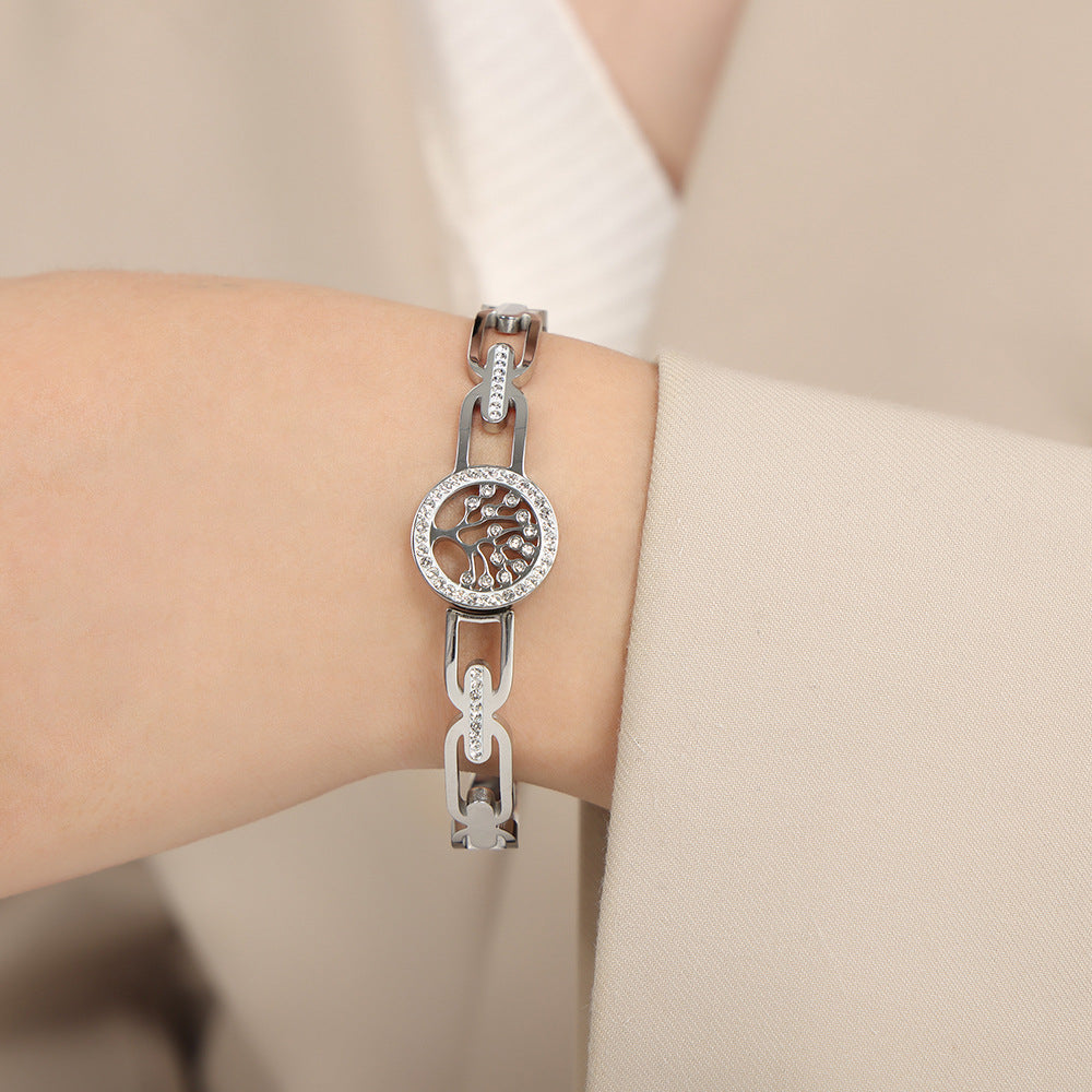 New retro style fashion personalized design titanium steel gold-plated diamond-encrusted tree of the world buckle bracelet jewelry wholesale female pp