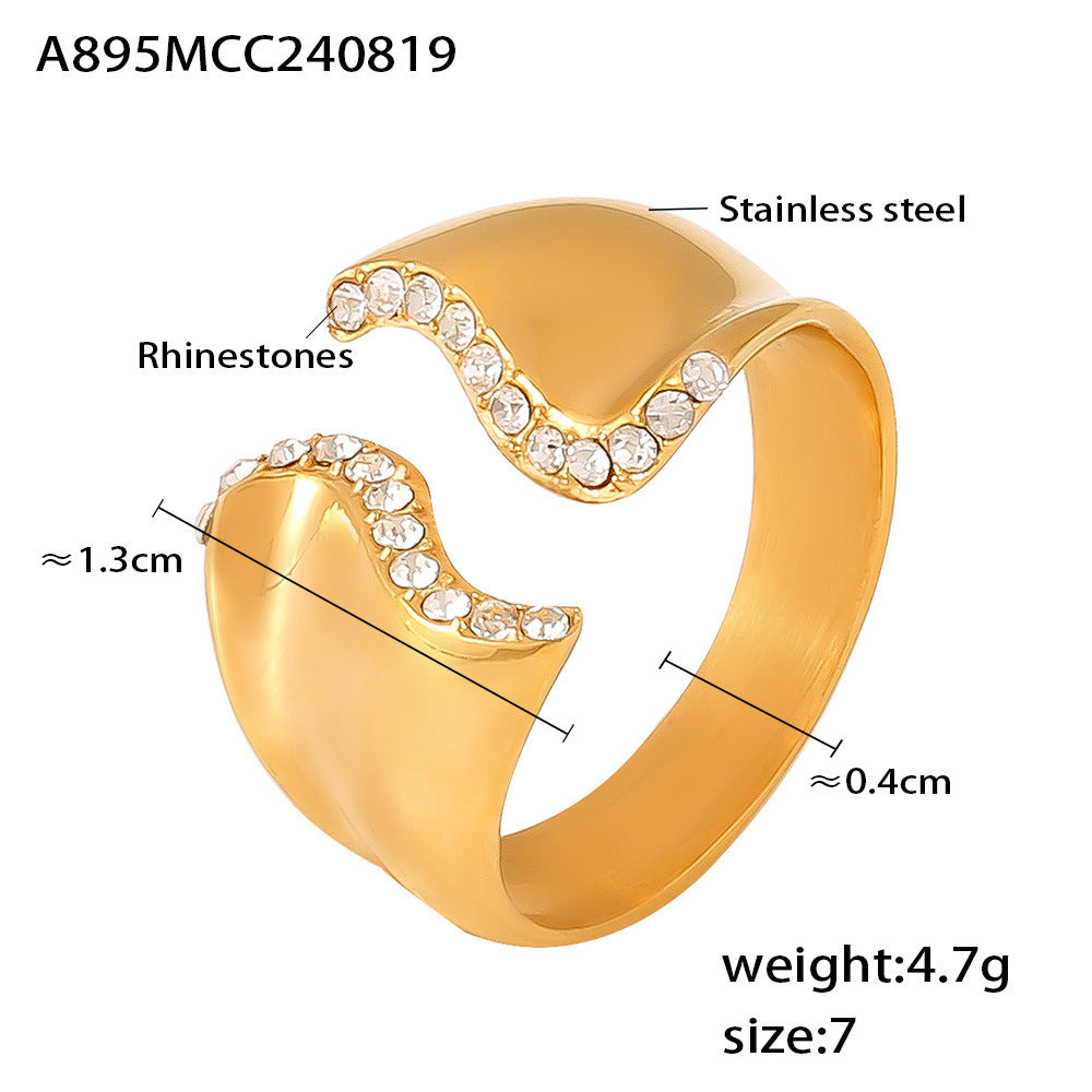 Diamond Set Irregular Open Ring 18k Gold Stainless Steel Neutral Cold Wind Non-Adjustable Ring