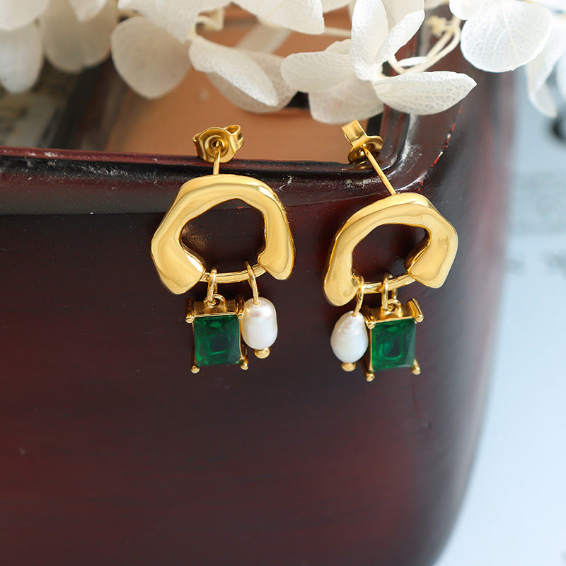 Unique design geometric freshwater pearl chlorite pendant earrings temperament niche retro fashion earrings