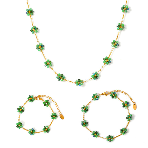 Beaded necklace bracelet anklet handmade girl flower glass bead titanium steel chain jewelry set 99