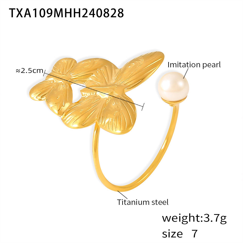 Light Luxury Pearl Flower Ring Titanium Steel 18k Gold Non-Fading Opening Adjustable Ring Fashion Earrings