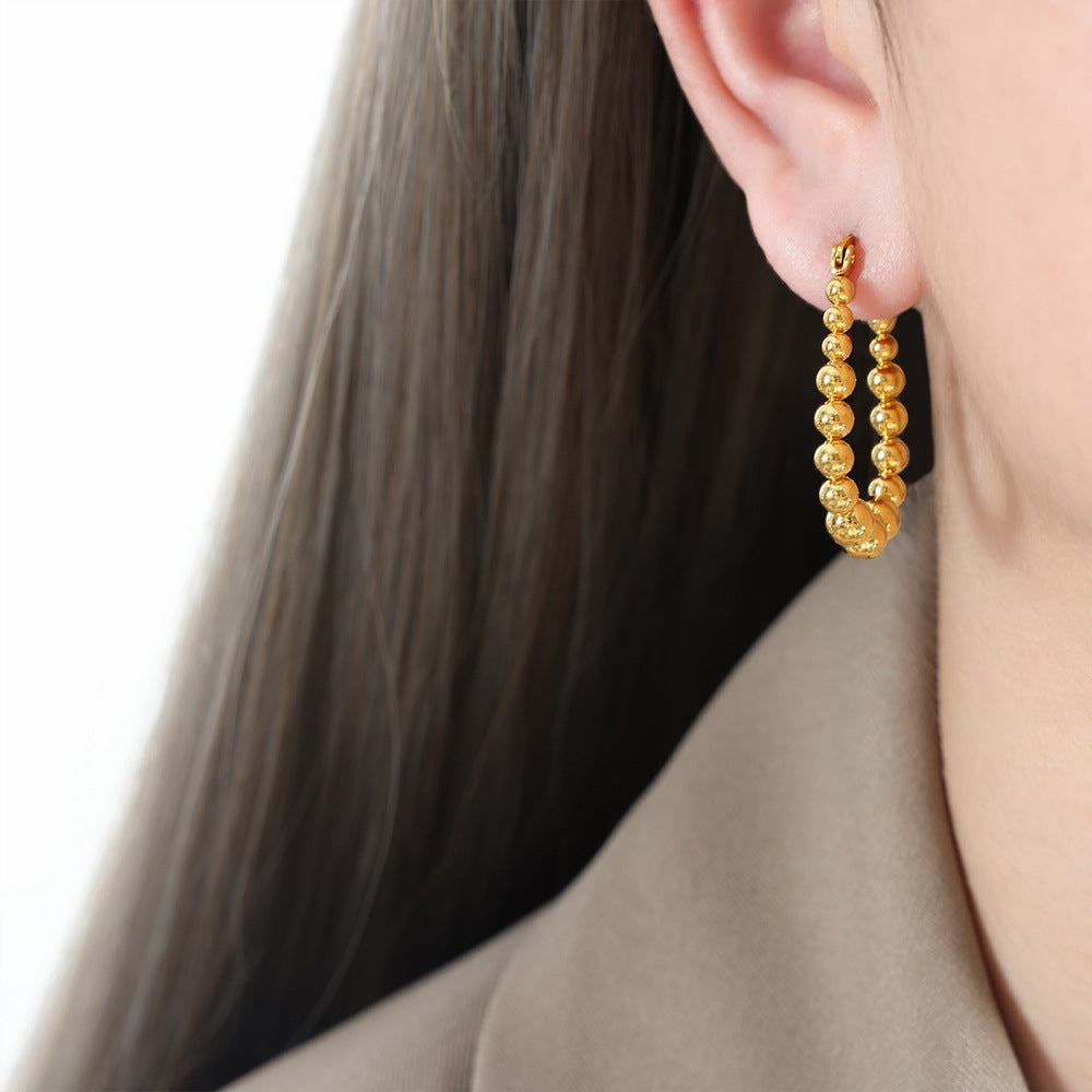 Creative sense of high-end luxury personality temperament titanium steel 18K gold bead earrings metal wind earrings women
