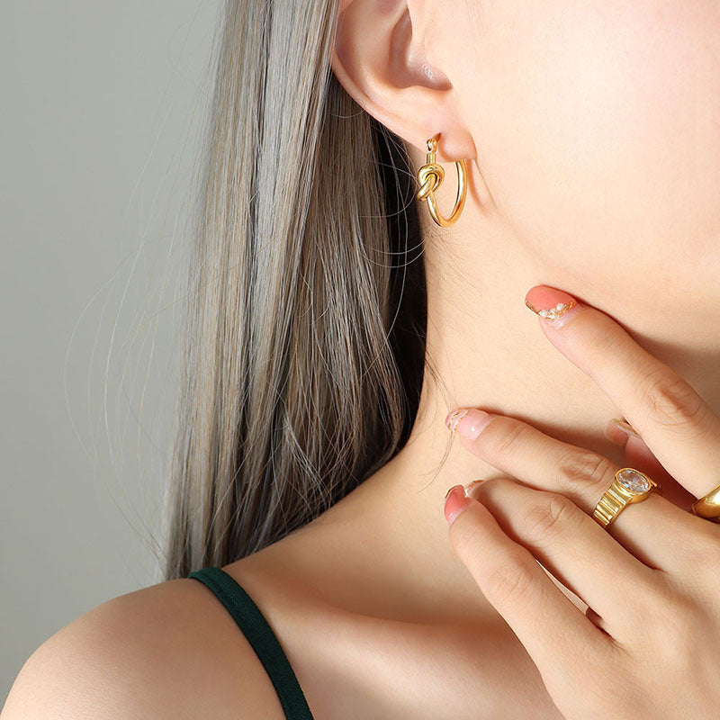 Sexy stud earrings slim loop earrings titanium steel plated 18k gold earrings knotted circle earrings women