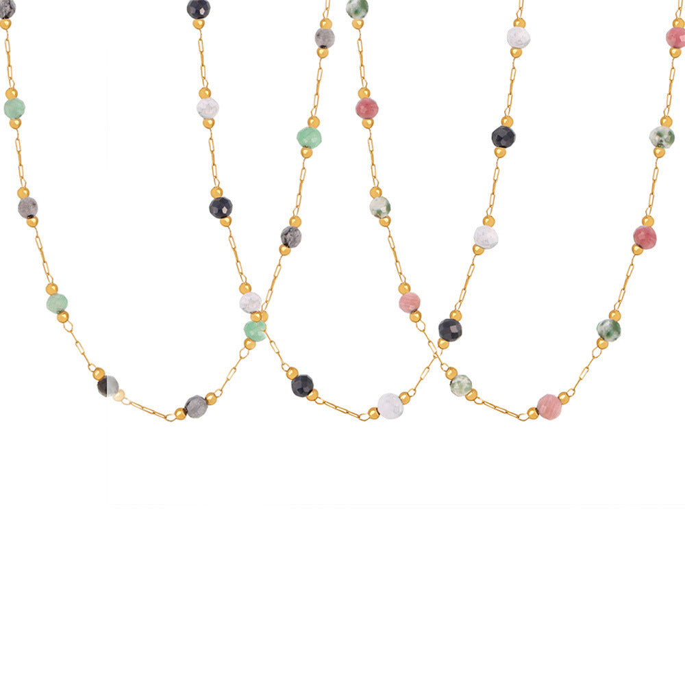 Blue gold natural stone handmade beaded collarbone necklace double-layer stacked titanium steel PVD plated real gold jewelry spot 99