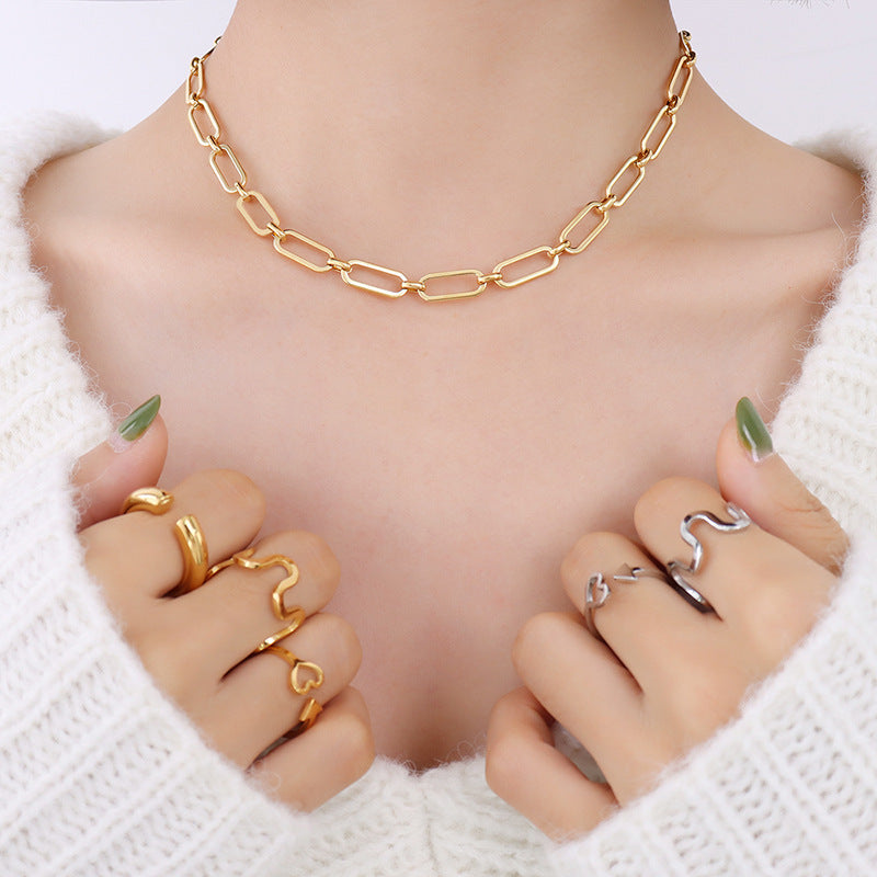 Hip-hop design geometric elements stacked simple bare chain titanium steel plated 18K gold bracelet accessories set pp