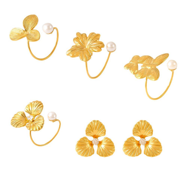Light Luxury Pearl Flower Ring Titanium Steel 18k Gold Non-Fading Opening Adjustable Ring Fashion Earrings