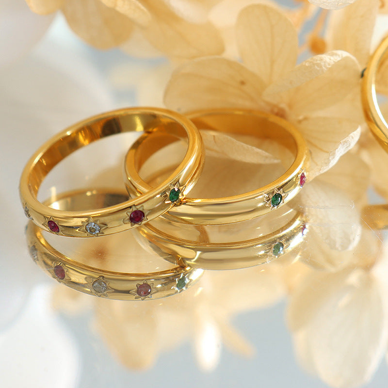 New titanium steel plain ring ring, stainless steel gold-plated inlaid red, white and green zircon ring trendy personalized accessories pp