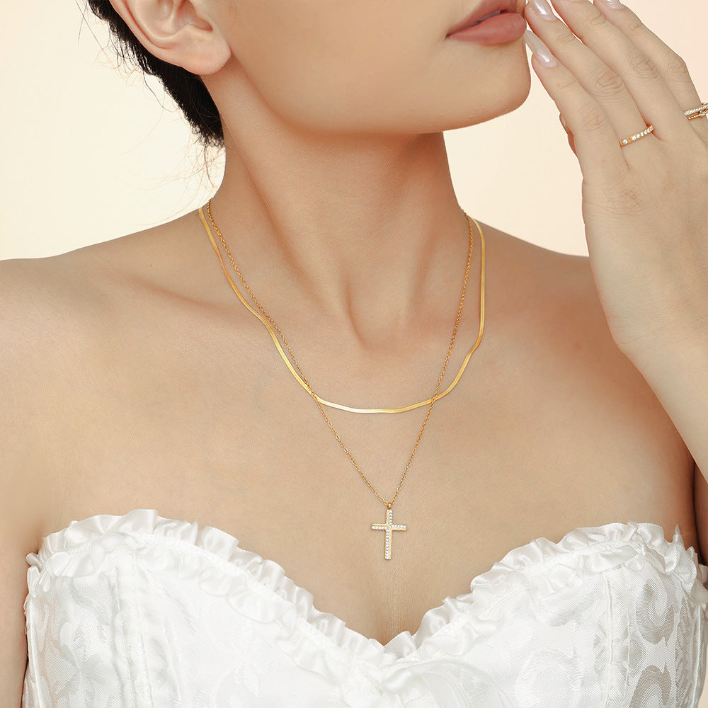 Creative twill cross zircon pendant necklace female niche light luxury stacking wearing titanium steel collarbone chain female 9
