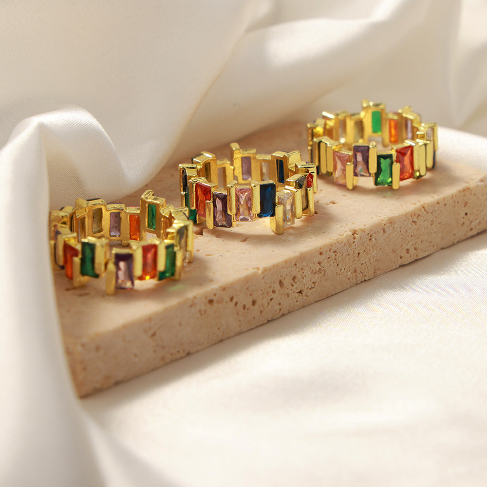 New light luxury simple fashion copper material inlaid with colored zircon open ring personalized niche design jewelry