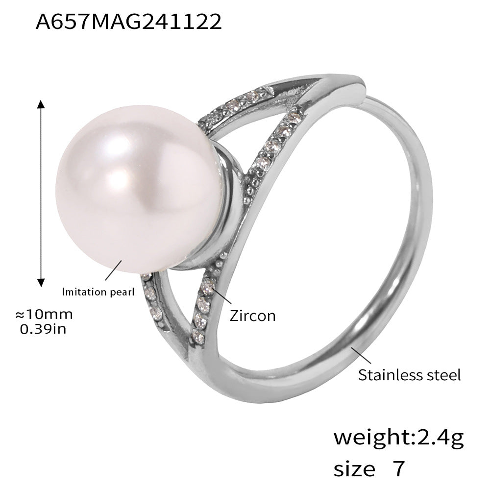 Handmade inlaid zircon imitation pearl ring women's niche side opening high-version texture non-fading jewelry pp