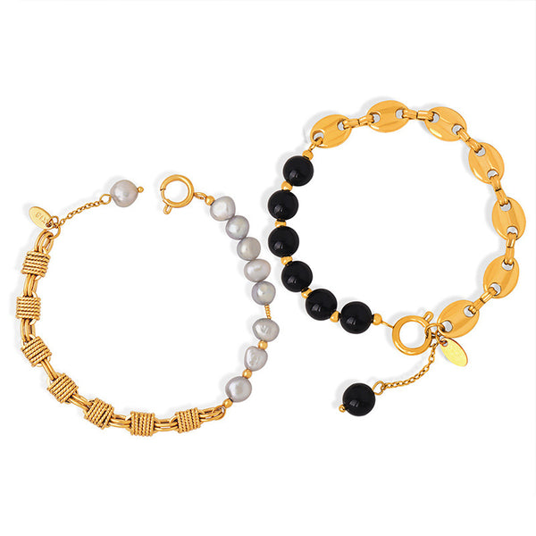 New high-end niche men's brass freshwater pearl handmade beaded natural stone black agate bracelet women